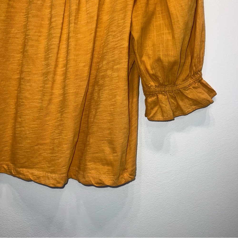 Anthropologie Smocked 3/4 Puff Sleeve (woven) Shirt (knit) Mustard Yellow L - Picture 4 of 10